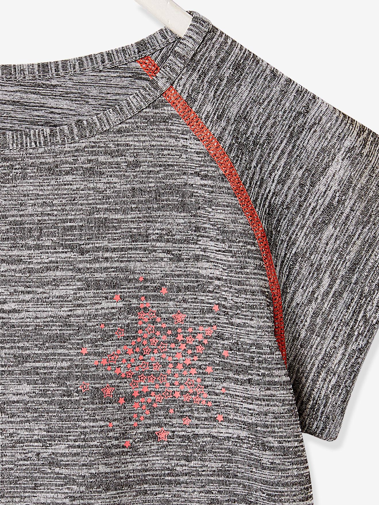 Camiseta esportiva feminina de manga curta com estampa de estrelas em cinza mescla médio.