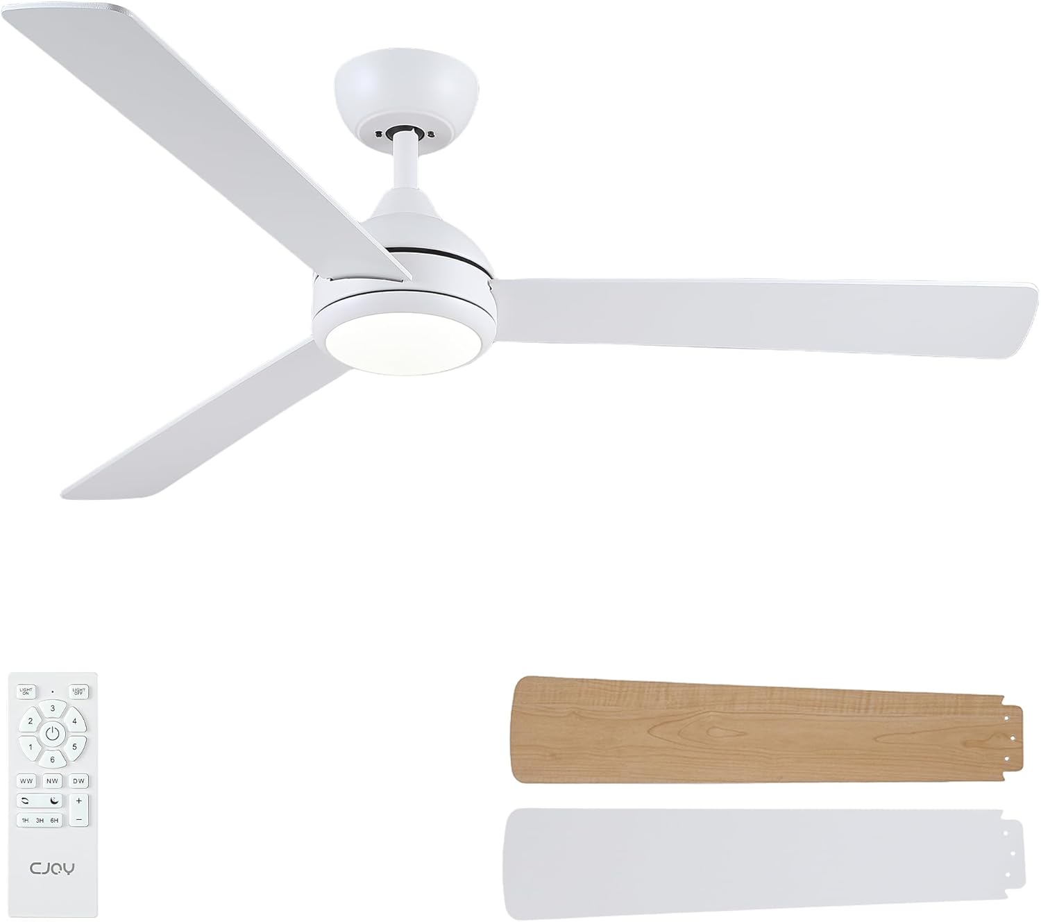 CJOY Deckenventilator mit Fernbedienung,132cm Weiß/Holz Deckenventilator mit Beleuchtung Leise Umschaltbar, Dimmbar, Speicher 3CCT, Ruhemodus, Timer, Deckenventilatoren für Schlafzimmer, Wohnzimmer