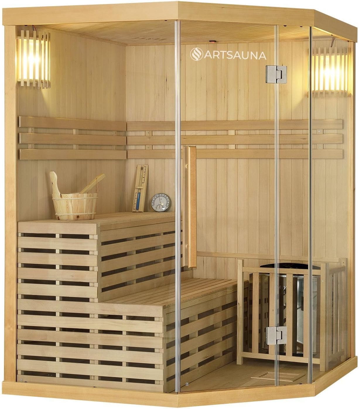 Artsauna Saunakabine Espoo150 Premium mit Harvia Ofen — 3 Personen — Hemlock Holz, Glasfront und LED Licht — Inkl. Thermometer & Sanduhr —Komplett Set