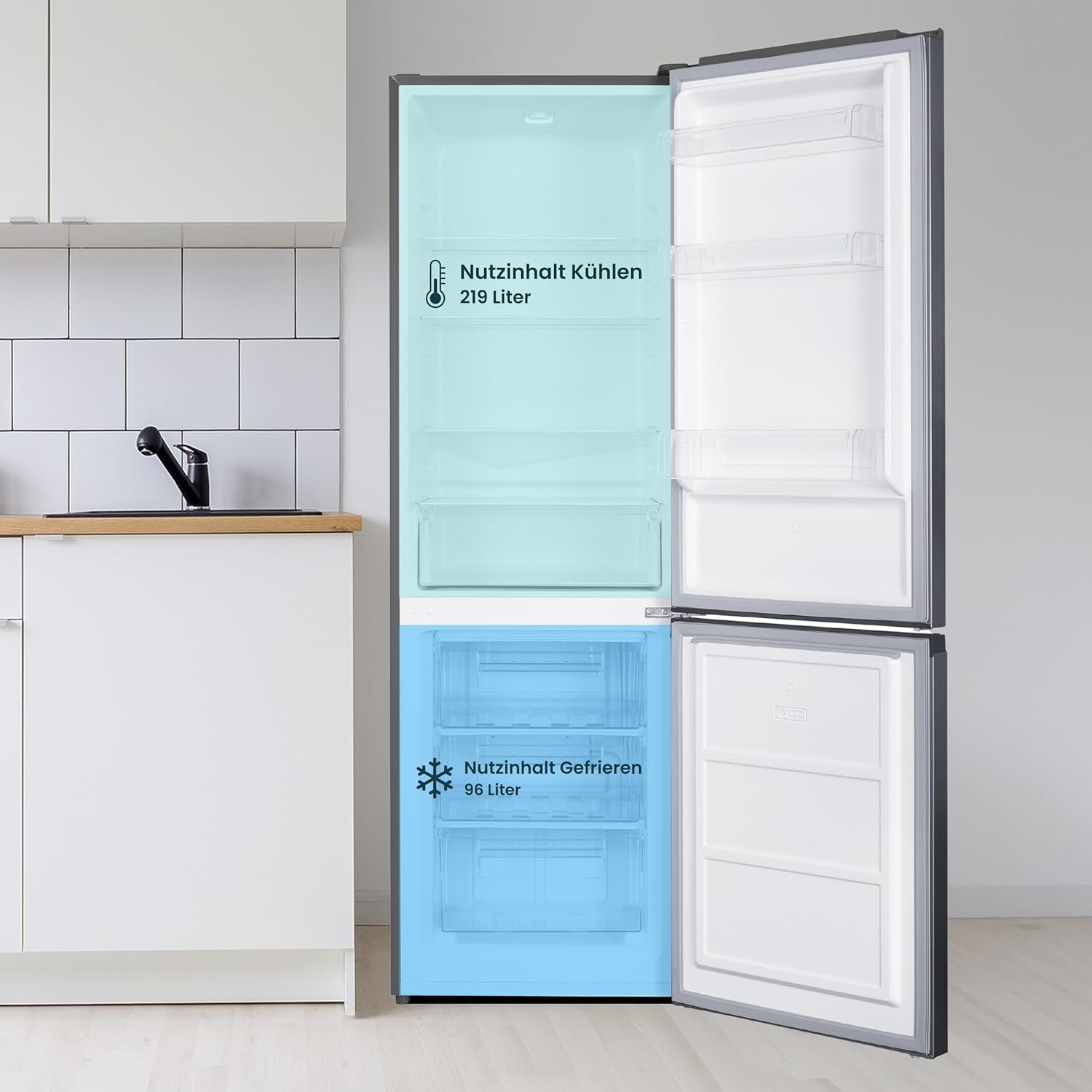 homeX Kühlschrank mit Gefrierfach, Kühl-Gefrier-Kombination freistehend, groß - 315 Liter, 4-Sterne Gefrieren, Super-Frost-Funktion, leise Kühlgefrierkombi, EEK C, XXL Kühl Gefrierkombination silber