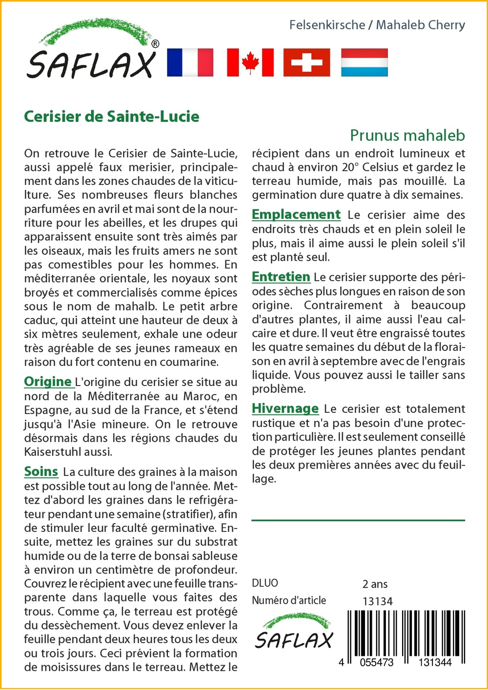 Jardin dans le sac - cerisier de sainte-lucie - 30 graines - prunus mahaleb