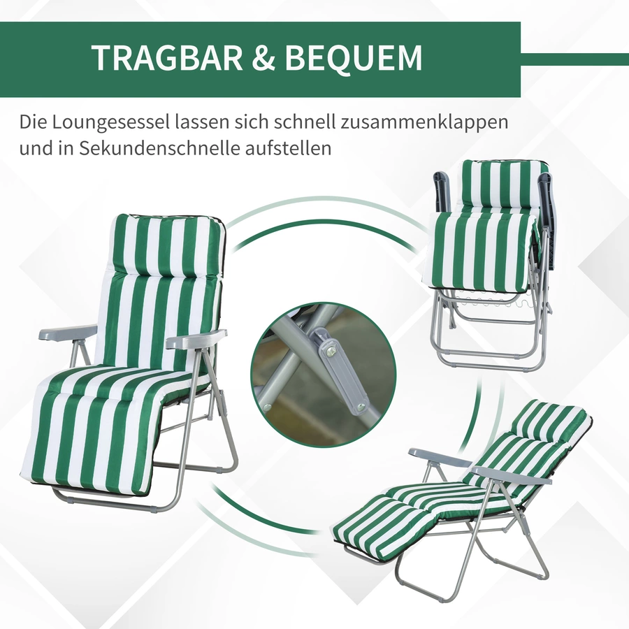 Outsunny Gartenstühle mit verstellbarer Rückenlehne und Polster grün-weiß