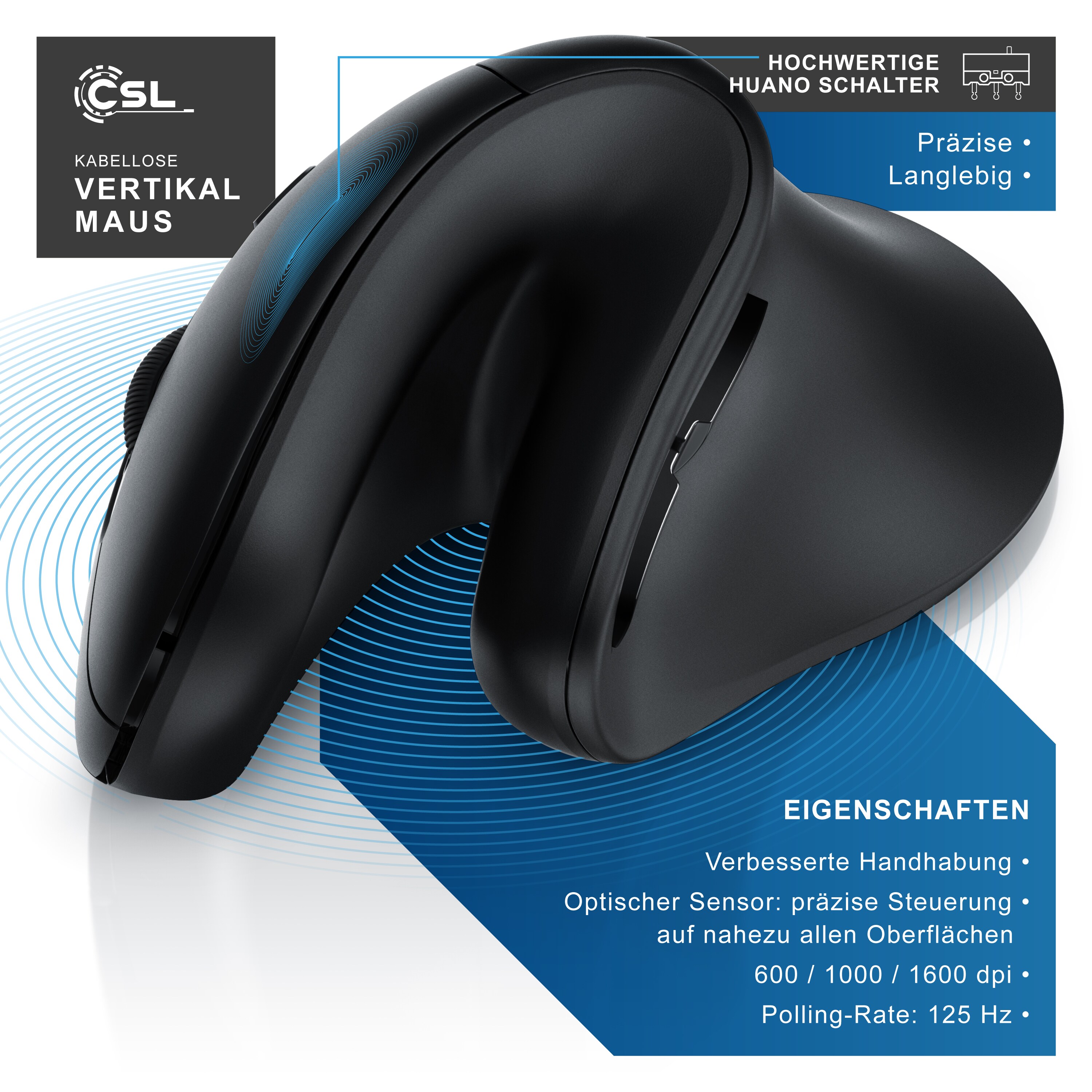 CSL ergonomische Maus, Funk, kabellos, kabellose Vertikal Mouse, Vertikalmaus armschonend & ergonomisch