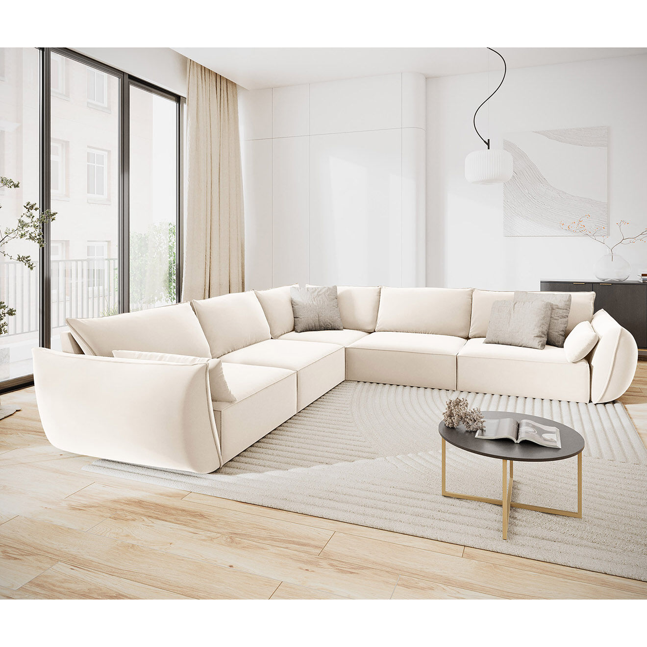 Mazzini Sofas Canapé d'angle Symétrique en Velours Vanda 7 Places beige clair - 286x286x85 cm