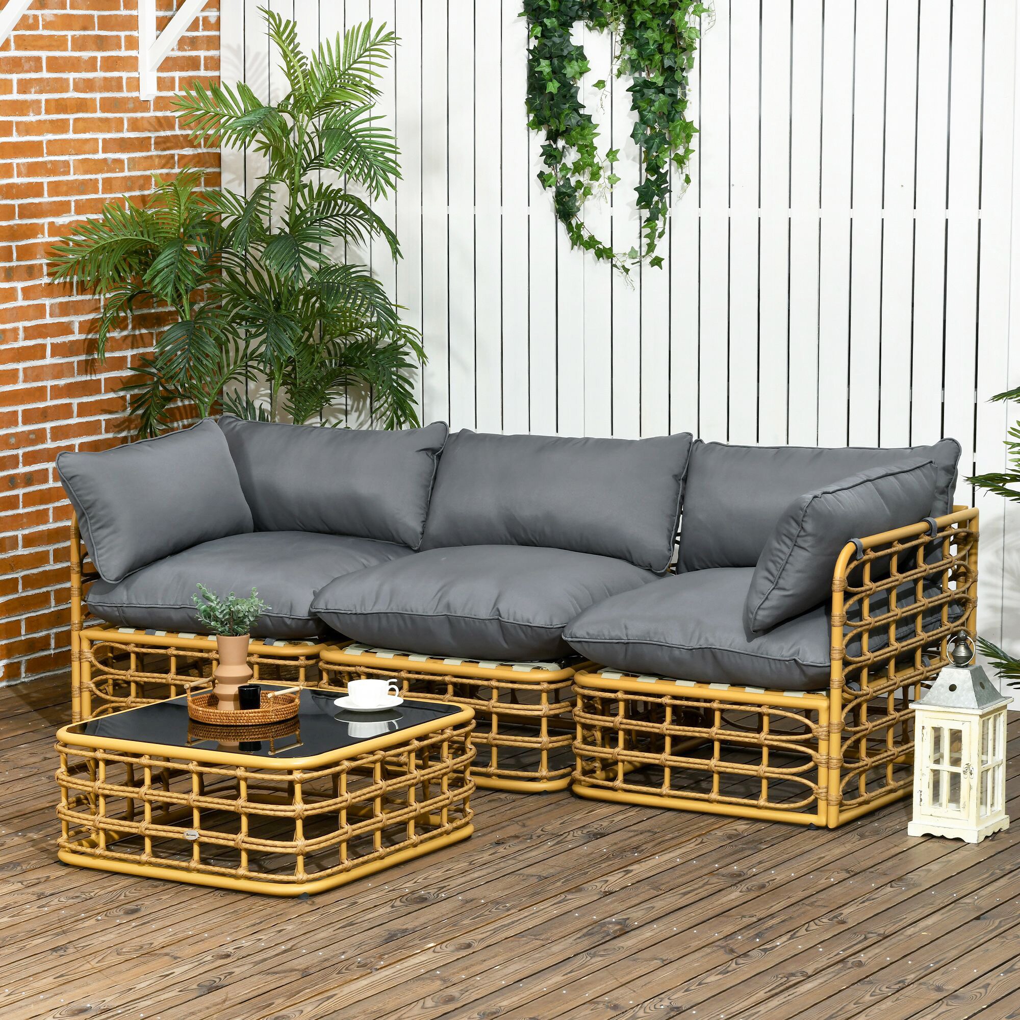 Outsunny Rattan Gartenmöbel-Set mit Sitzkissen braun 74L x 74B x 65H cm