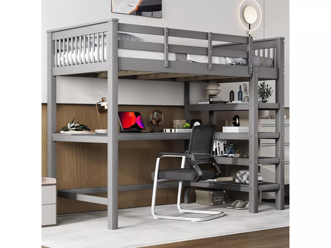 Lit mezzanine 90 x 200 cm avec bureau et étagères de rangement - Bois de pin + MDF - Gris