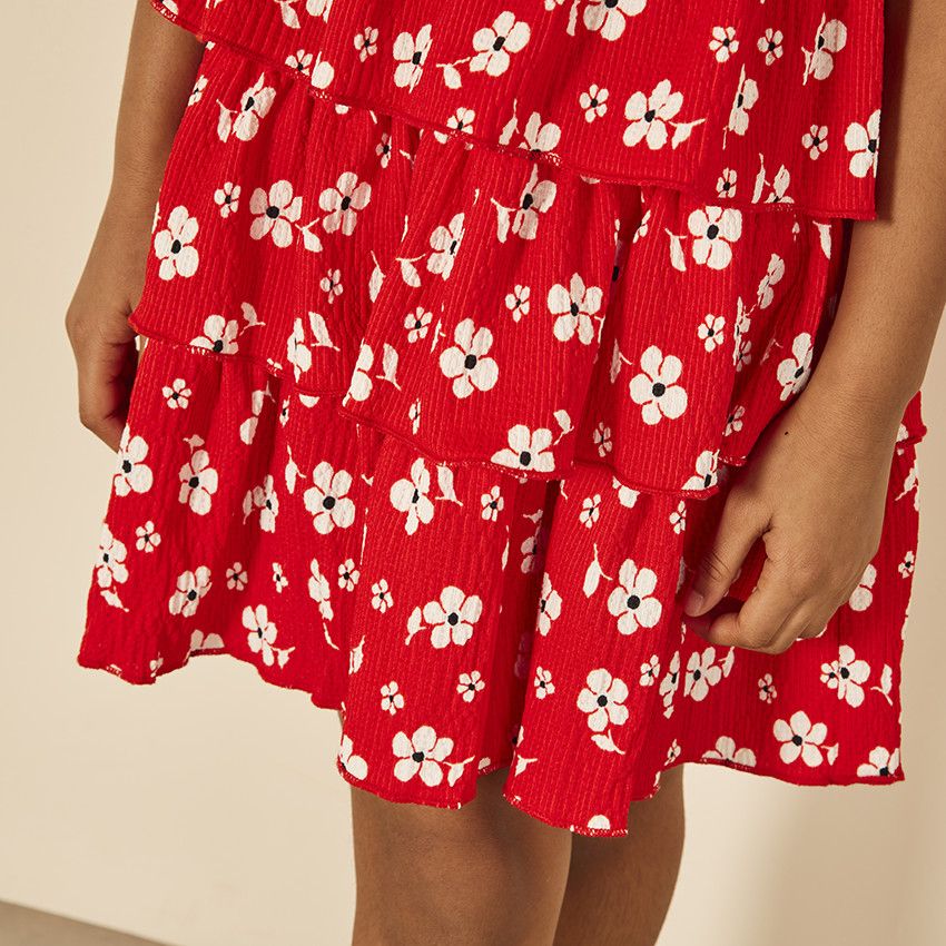 Robe sans manches imprimée et volantée à dos croisé pour fille - Rouge