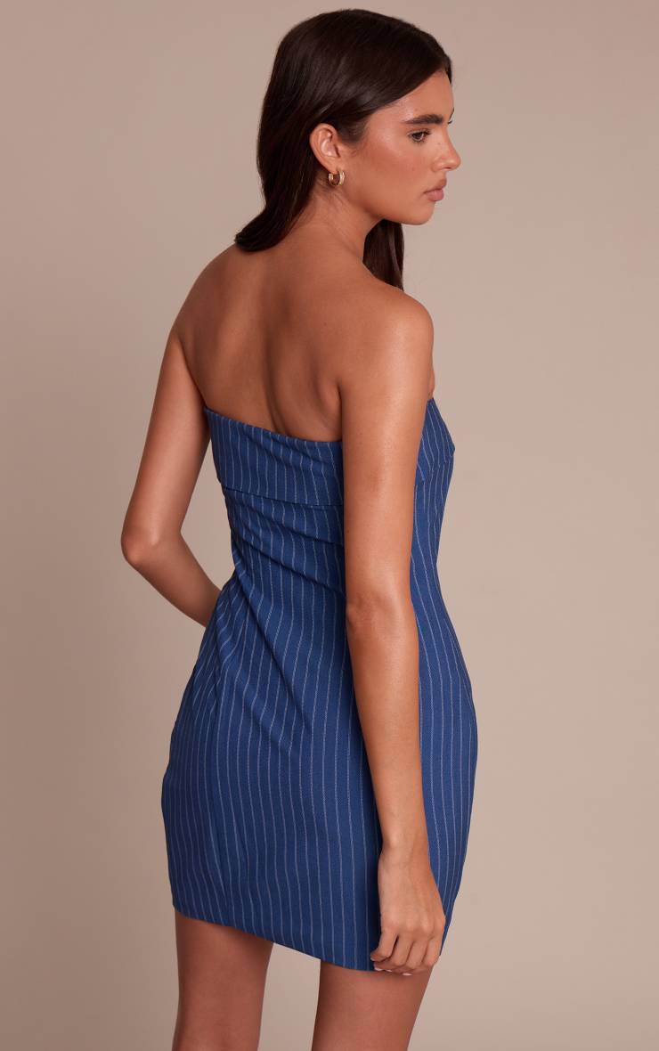 Bleu Marine Robe Moulante Bustier À Rayures Fines Avec Pli