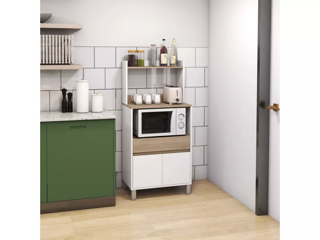Meuble de rangement desserte de cuisine pour micro-ondes avec placard tiroir étagère supérieur 60 x 40 x 131 cm naturel et blanc