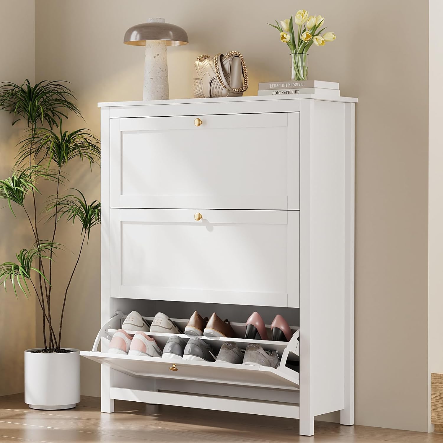 VOWNER Schuhschrank mit 3 Klappen, Schuhregal Schuhkipper Schmal, Schuhschrank Weiss, mit 6 Fächern, Schuhablage Verstellbar, 90 x 30 x 110 cm, für Eingangsbereich, Flur