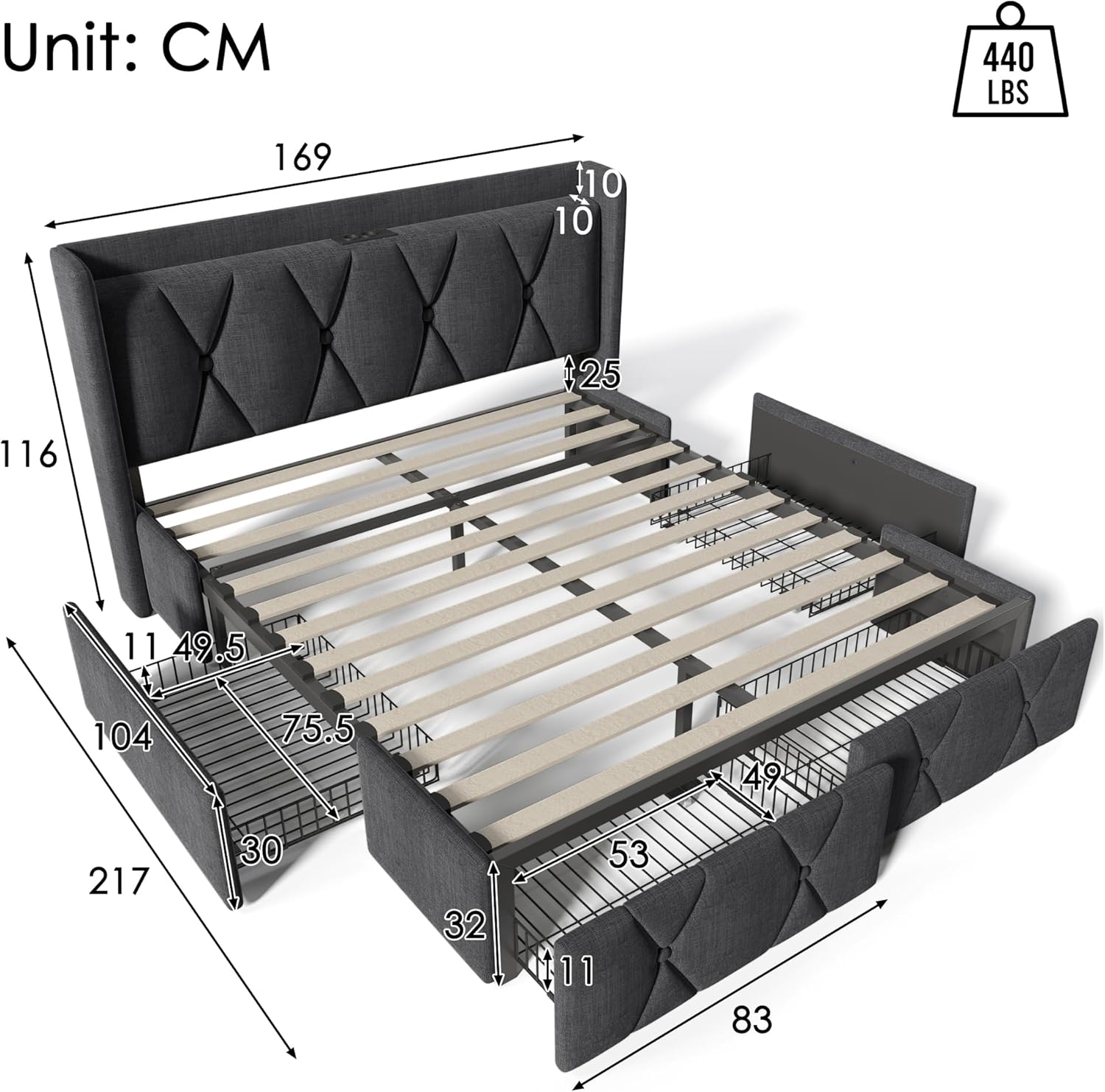 Merax Polsterbett Doppelbett mit USB-Ladefunktion und 4 Schubladen – Doppelbett 160x200cm, Stauraumbett mit Holzlattenrost in stilvollem Grau (Ohne Matratze)