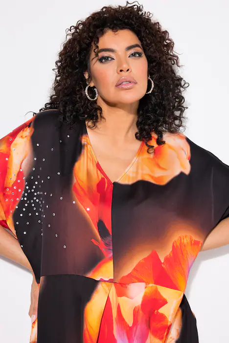 Satin-Kaftan, Blüten, Ziersteine, V-Ausschnitt, Halbarm, schwarz