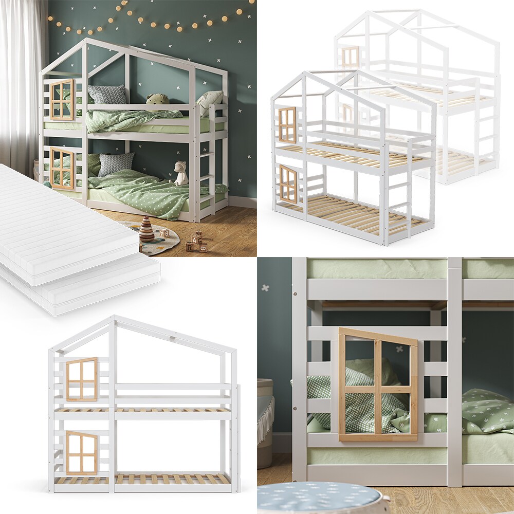 Vitalispa Doppelstockbett Maja 200 x 90 cm Weiß mit Leiter, Etagenbett, 2 Kinder, Matratze