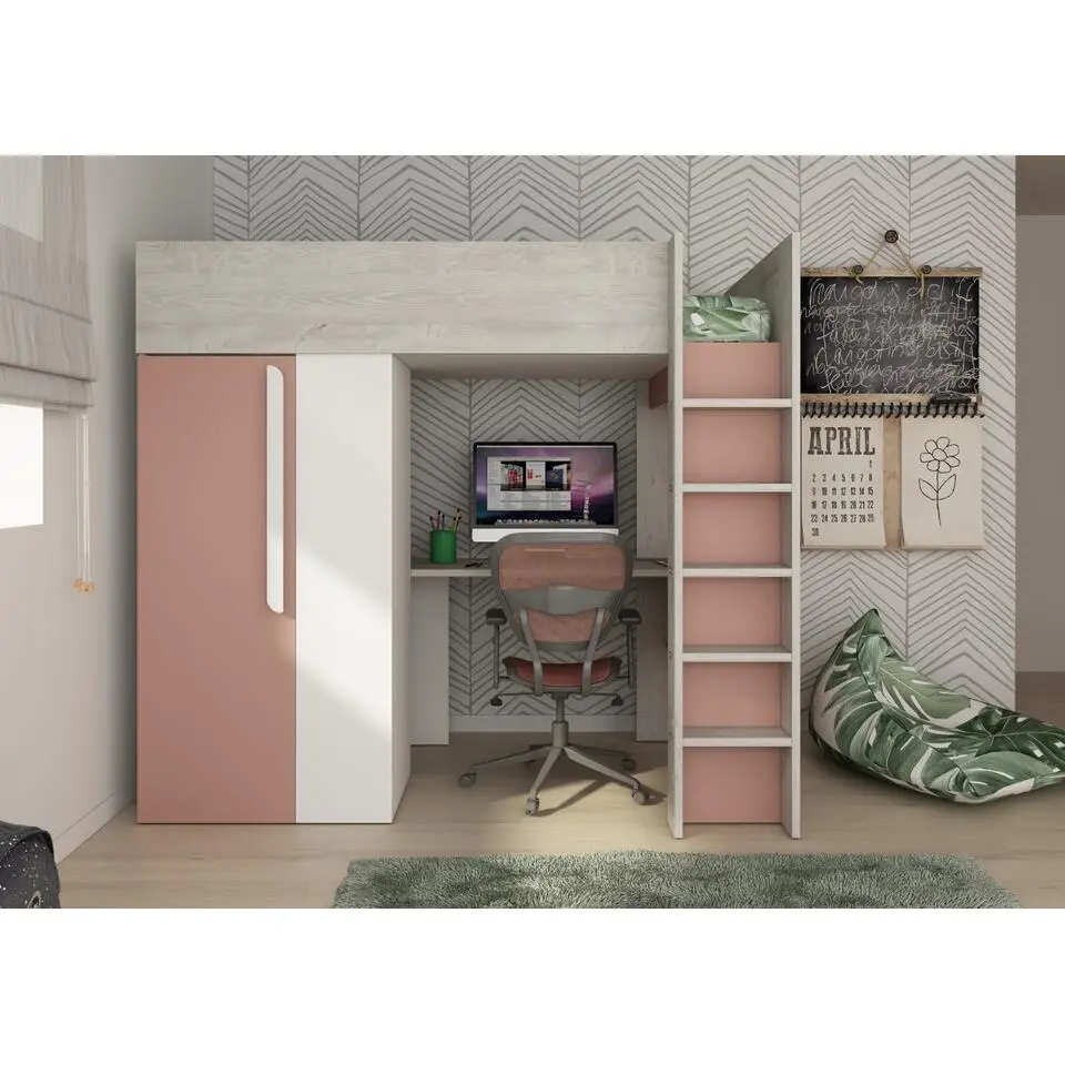 Hoogslaper Beau 90x200 met bureau & kast - oudroze