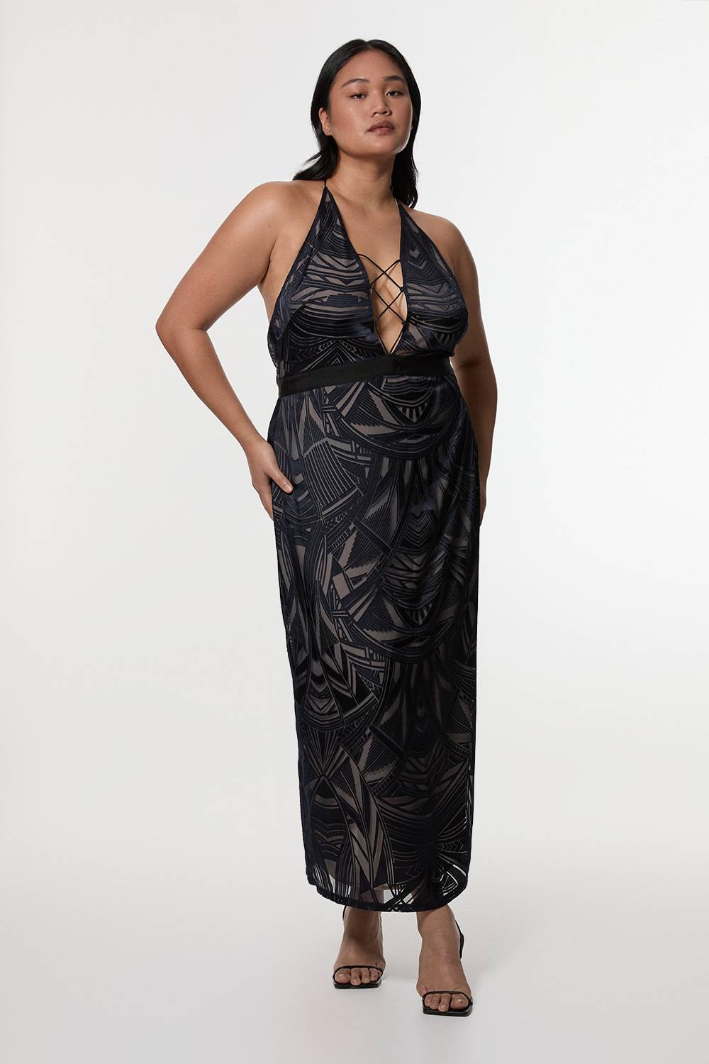 KarenMillen Amelia Graham Robe Colonne Tissée Grande Taille avec Détails en Lacets Burnout