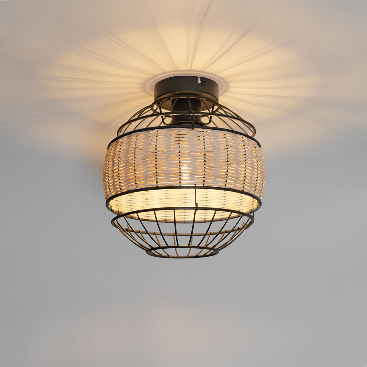 Oosterse plafondlamp zwart met rotan 25 cm - Emir
