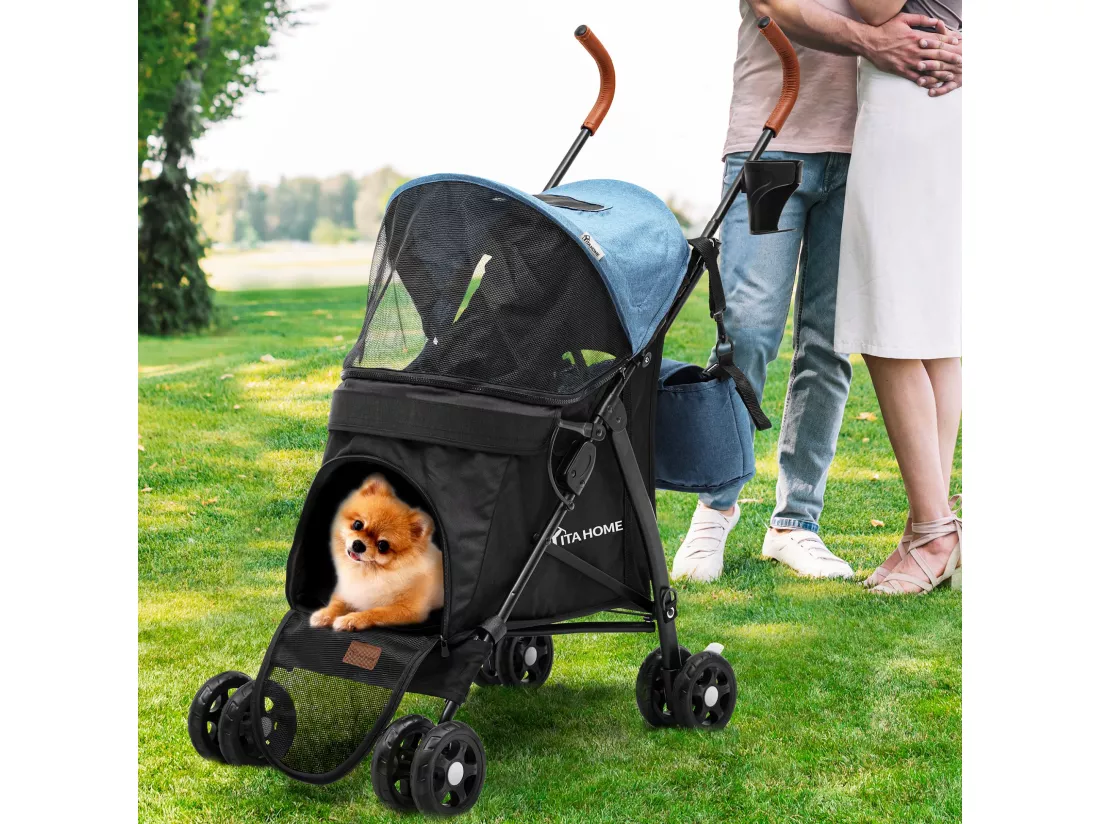 YITAHOME Poussette pour Chien Chat - Caisse de Transport Pliable avec 4 Roues - 11.3 kg Poussette avec fenêtres - Bleu