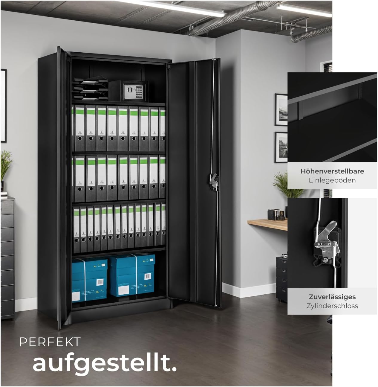tectake® Aktenschrank, Büroschrank abschließbar, Mehrzweckschrank aus Stahl, Allzweckschrank mit 2 Türen, inkl. 3 höhenverstellbare Einlegeböden, Aktenschrank abschließbar 180x80x40 cm - schwarz