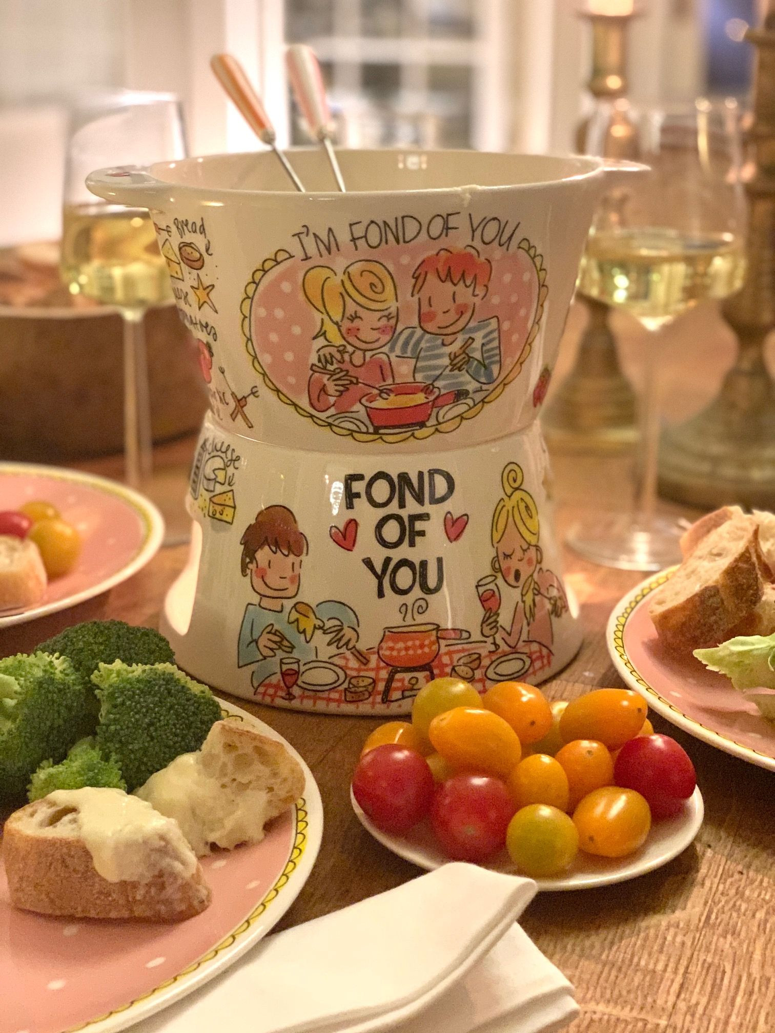 Fondue set met 6 vorkjes ''Even Bijkletsen''