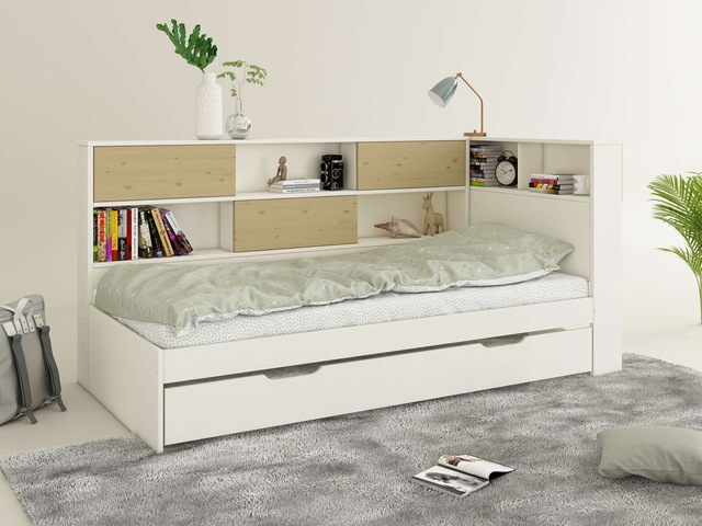 Home affaire Stauraumbett »Amance, Kopfteil beidseitig montierbar, stabil und langlebig, Stauraum« Aussenmasse B/T/H: 110,2/220,1/106,9 cm,  FSC® zertifiziert, inklusive Lattenrost,  Made in EU,Massivholz + MDF