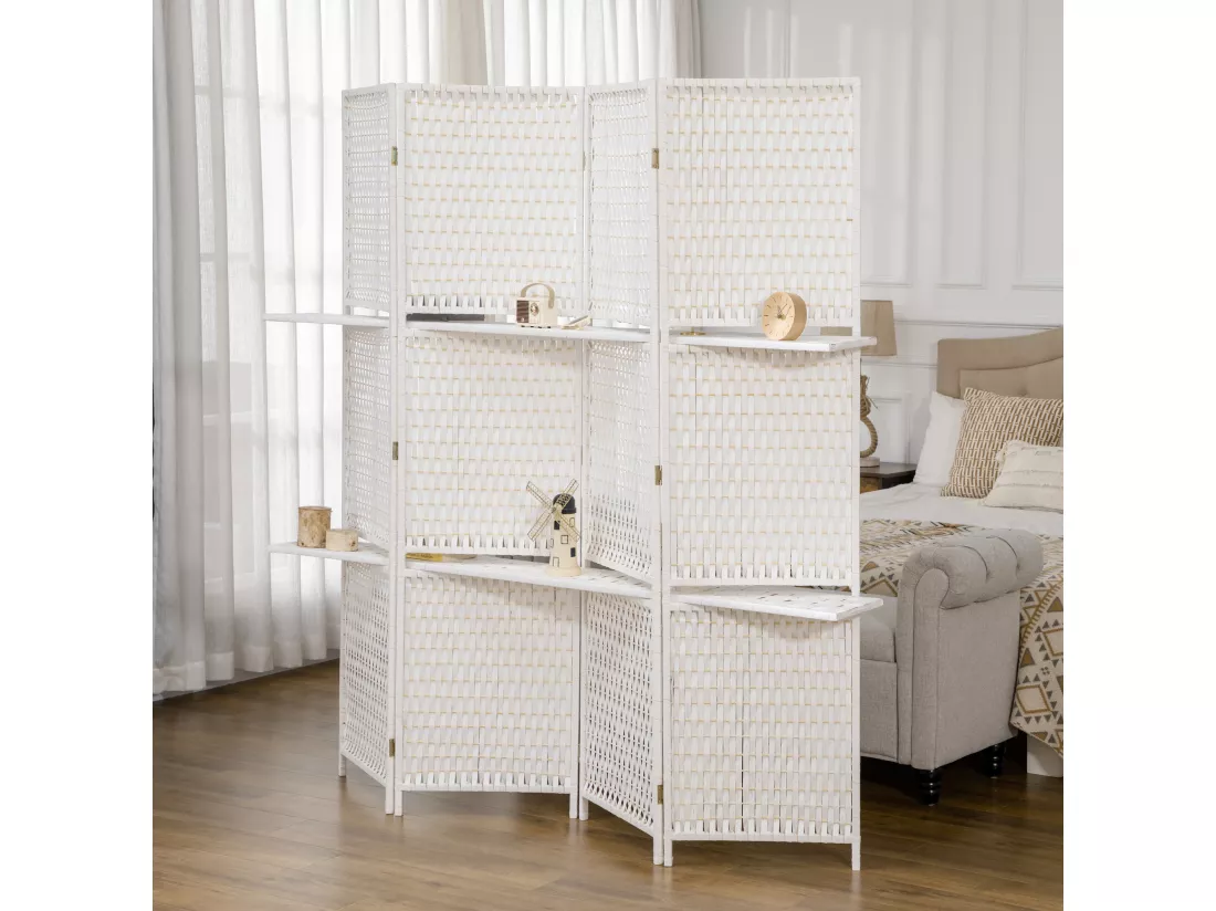 Paravent intérieur 4 panneaux 2 étagères pliables séparateur de pièce bois de pin bambou fibres de papier tressée blanc paille