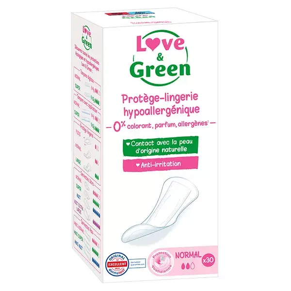 Protetores diários hipoalergênicos Love & Green, tamanho normal, pacote com 30 unidades