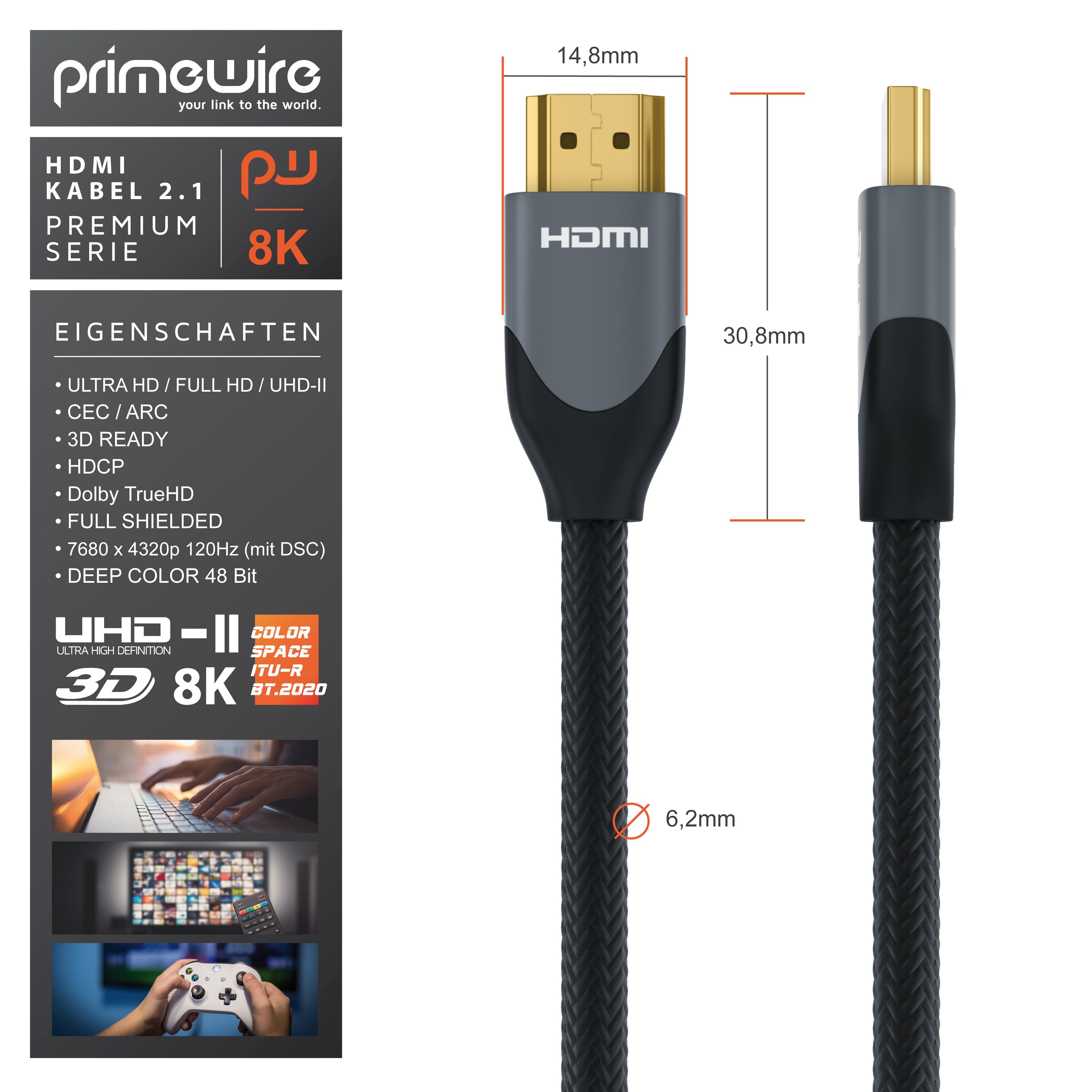 Primewire 8K Premium HDMI Kabel 2.1 mit Nylonummantelung, 7680 x 4320 @ 120 Hz mit DSC - 1m