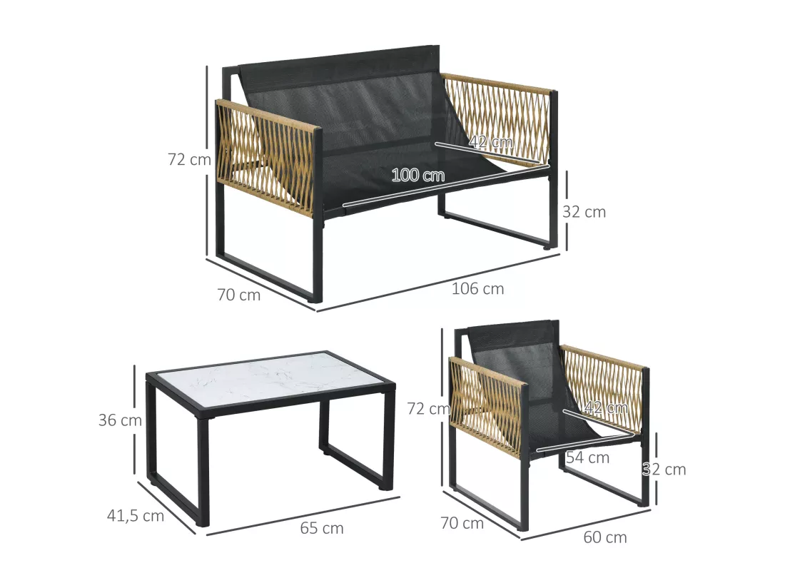 Ensemble salon de jardin 4 places 4 pièces 3 coussins acier résine crème