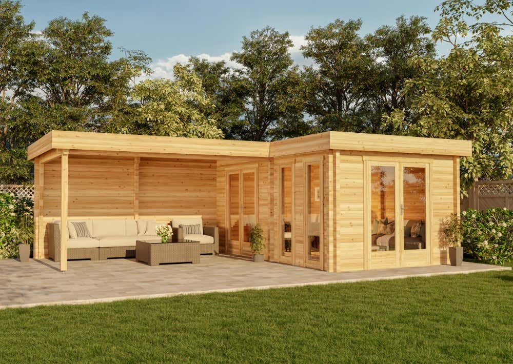 Alpholz Quinta ISO platdak tuinhuis, houten tuinhuis met 44 mm wanddikte inclusief lessenaarsdak, blokhut met bevestigingsmateriaal, natuurlijke afwerking, 7x5m