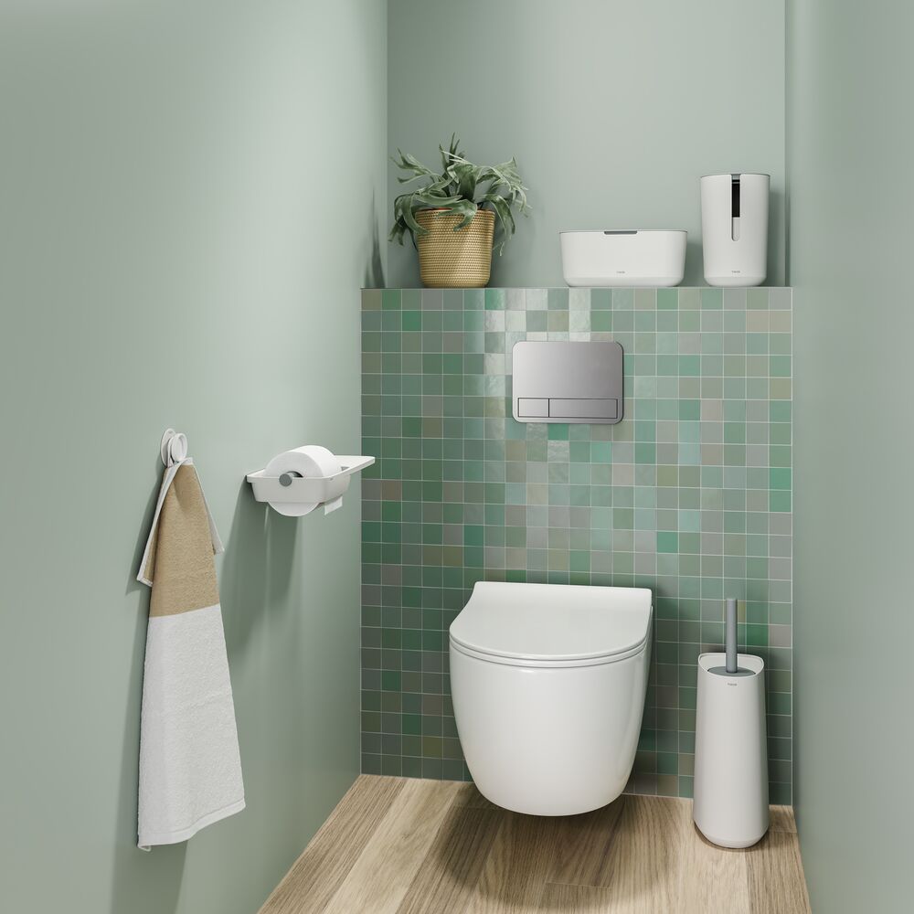 Tiger Tess toiletborstelhouder met opbergfunctie vrijstaand en Swoop borstel flexibel wit/lichtgrijs