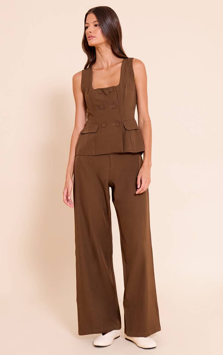 Chocolat Combinaison Pantalon Large En Tissu Tissé Chocolat Avec Détails Boutons