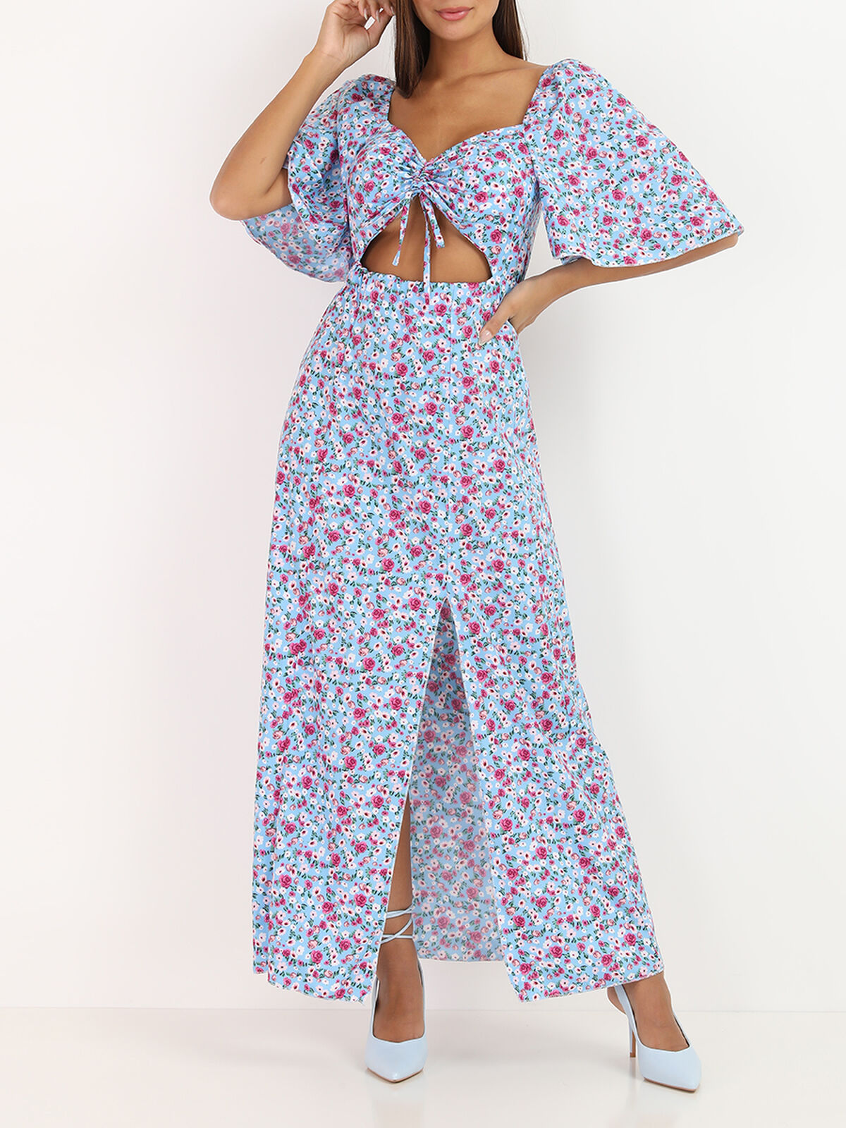 Robe ajourée à imprimé fleuri- Bleu clair