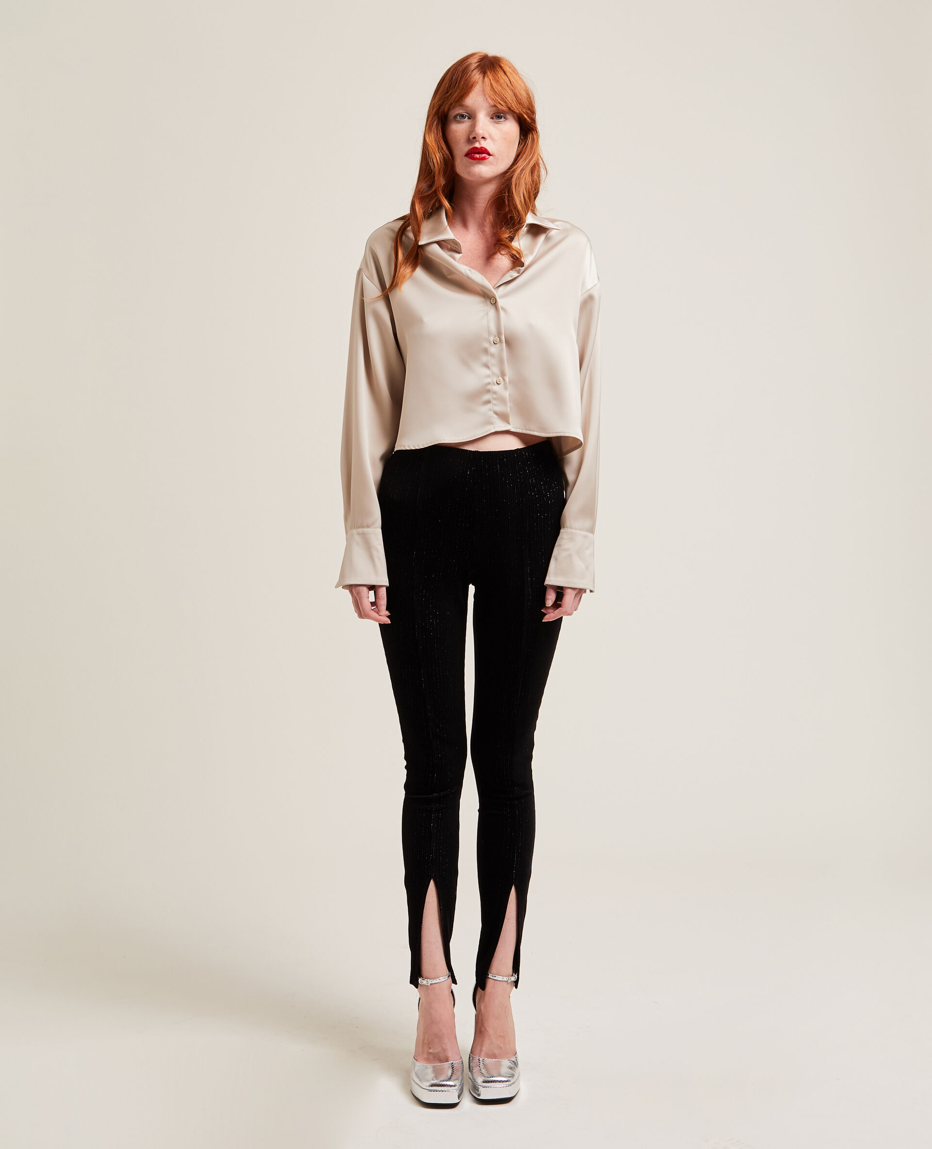 Legging en velours et lurex avec fentes - Noir