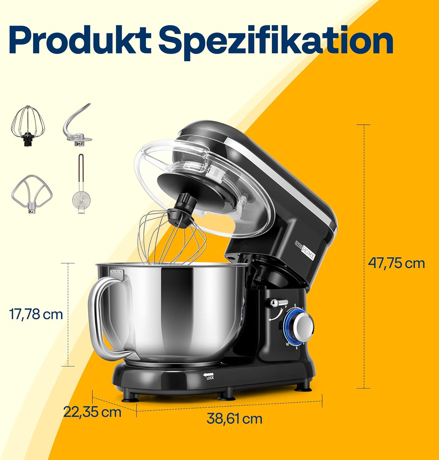 VIVOHOME Küchenmaschine 5,7L Knetmaschine 1500W Küchenmaschinen mit 10 Geschwindigkeiten Pulsfunktion Teigmaschine mit Spritzschutz Rührmaschine mit Knethaken Schneebesen und Eigelbtrenner