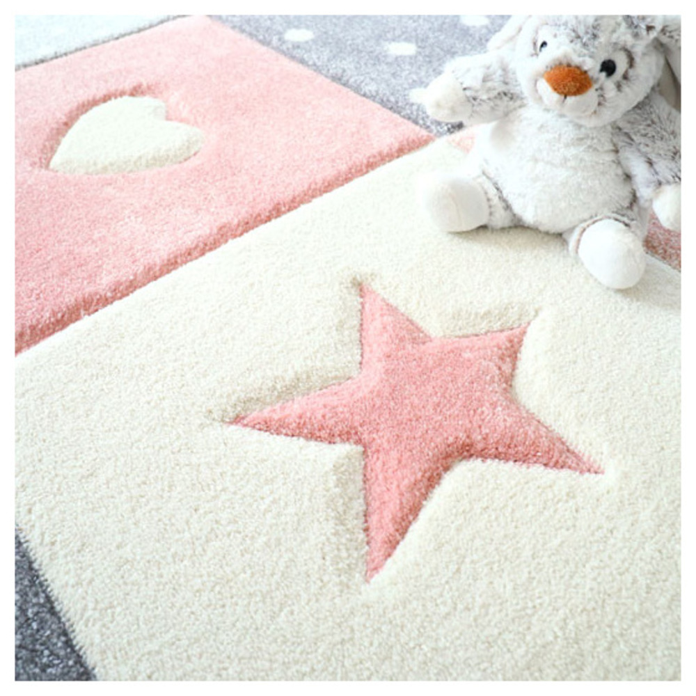 Tapis enfant fille - étoile et cœur - rose pastel gris crème - 160 x 230 cm