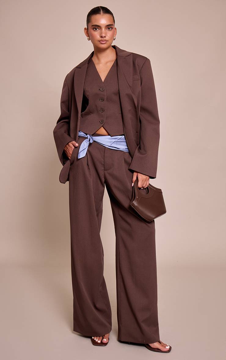 Marron Foncé Pantalon Large Plissé En Tissu Tissé Ajusté