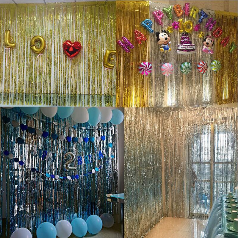 (2x1m) Party Deko Metallic Lametta Vorhang Glänzender Fransen Vorhang Foto Hintergrund - Silber
