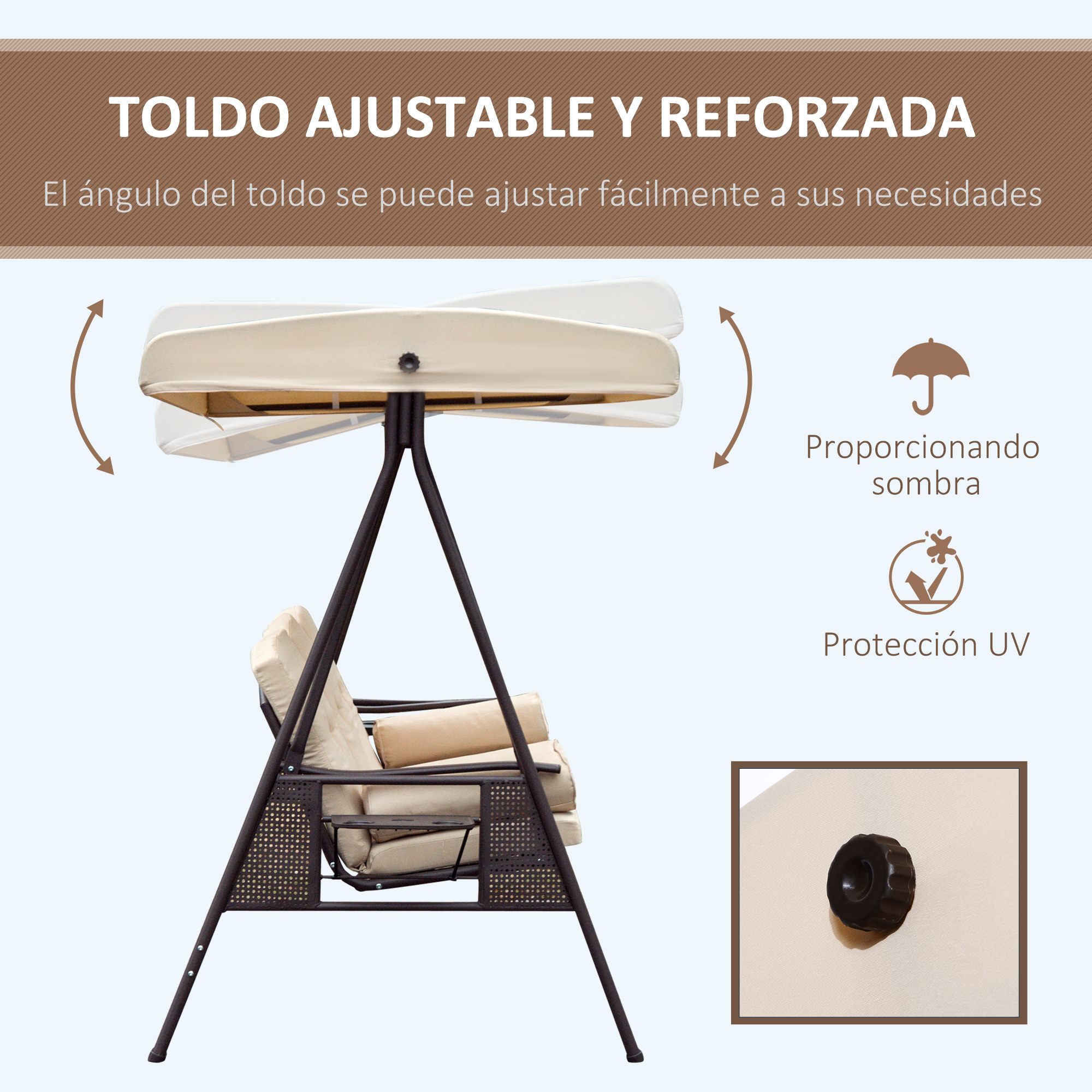 Cadeira de balanço de jardim Outsunny de 3 lugares com cobertura para proteção solar, 2 almofadas, bandeja para bebidas e estrutura de metal para pátio, varanda e uso externo, carga máxima de 360 kg, 207 x 120,5 x 174 cm, bege