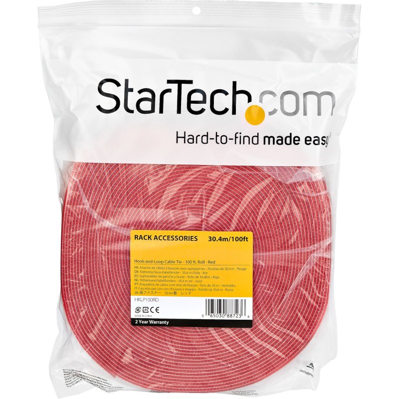 StarTech.com Ruban Auto Agrippant - Rouleau de 30,5 m pour Gestion de Câbles - Ruban Auto-Agrippant - Attaches Câble Ajustables - Sangles de Gestion de Câbles Auto-agrippantes et Réutilisables - Rouge