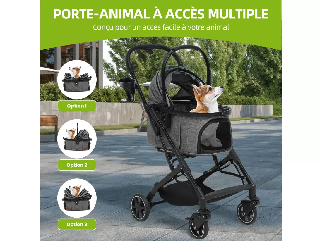 YITAHOME Poussette Chien pour Chien Chat - 15.9kg - avec Panier de Rangement - 4 Roues - Pliable Portable - Gris