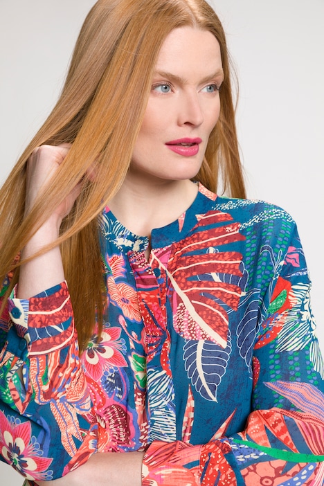 Longbluse, Stehkagen, gekräuselte Quernaht, Langarm