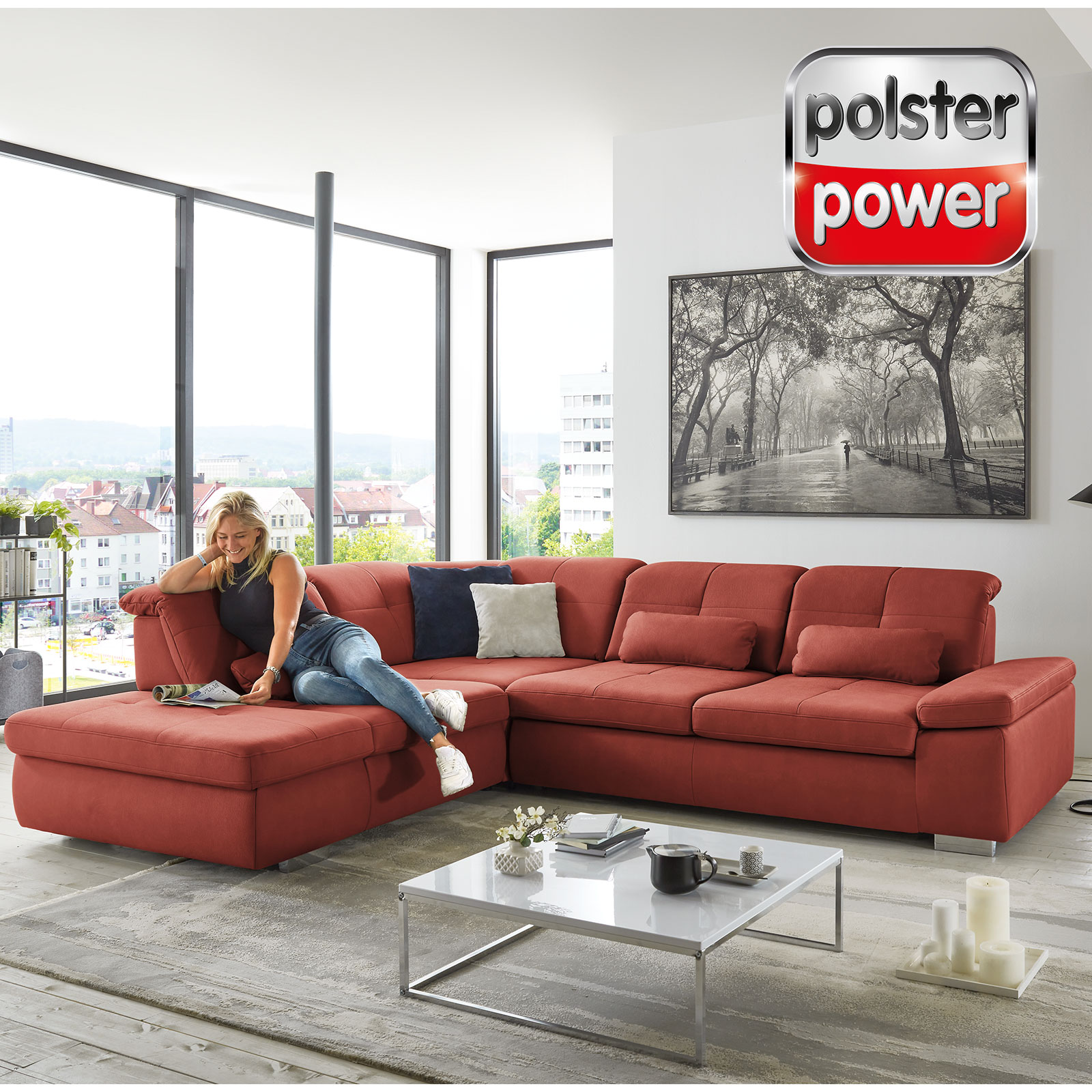 polsterpower Ecksofa - rubin - Basismodell - Anstellhocker links
