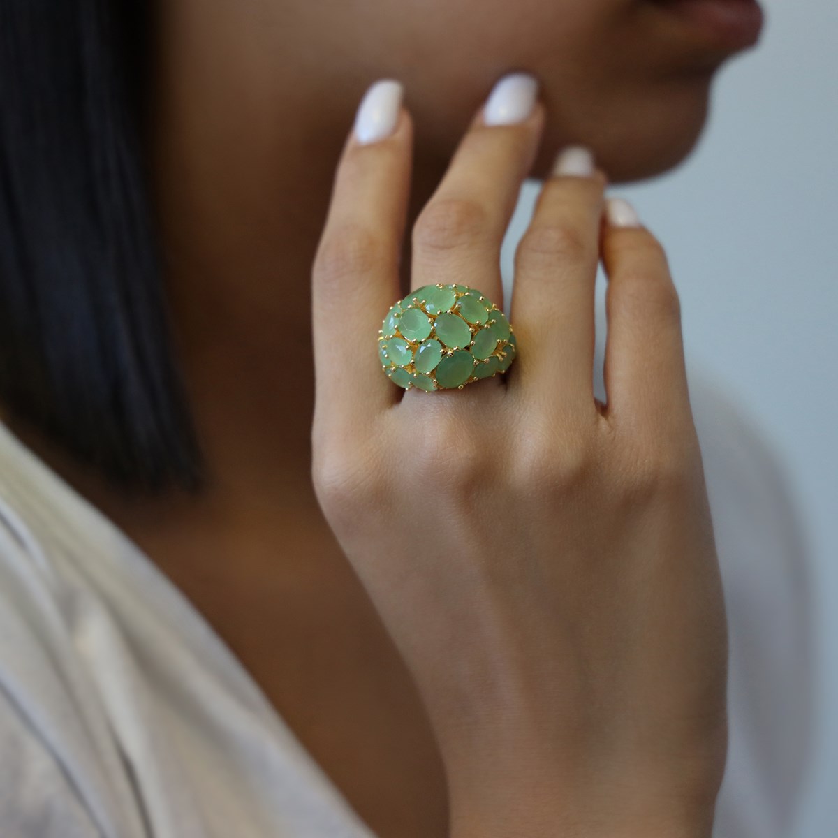Bague Argent Doré Cabochon Pierre Verte
