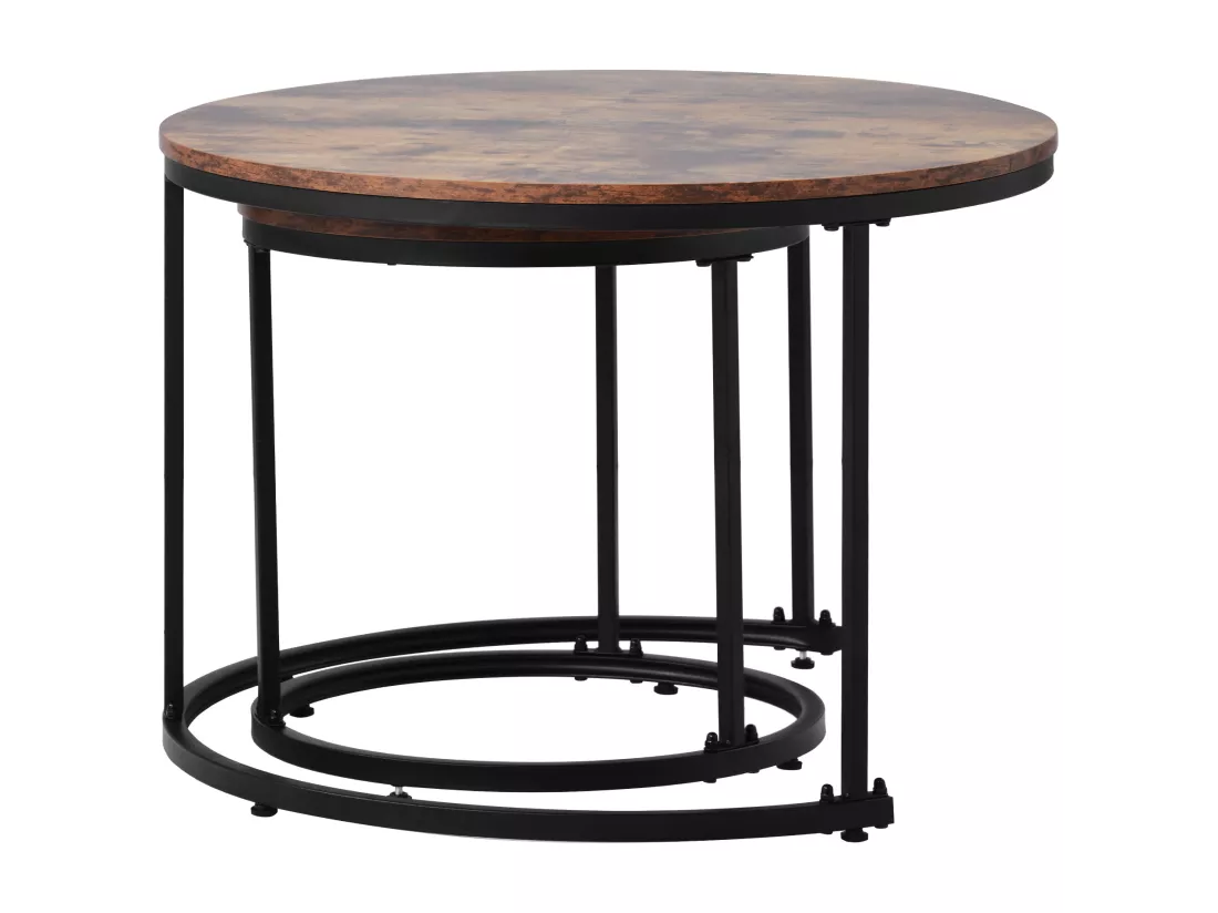 Ensemble de 2 tables basses gigognes rondes effet bois noyer style industriel VELES