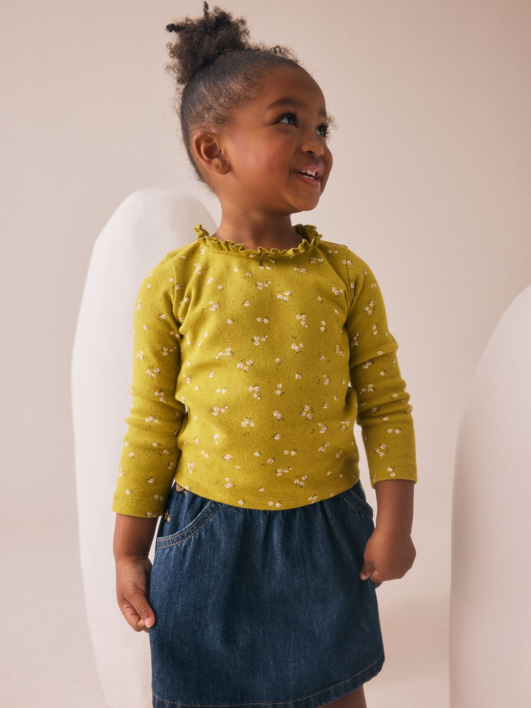 Groen met bloemetjesprint - Pointelle T-shirt met lange mouwen (3mnd-7jr)