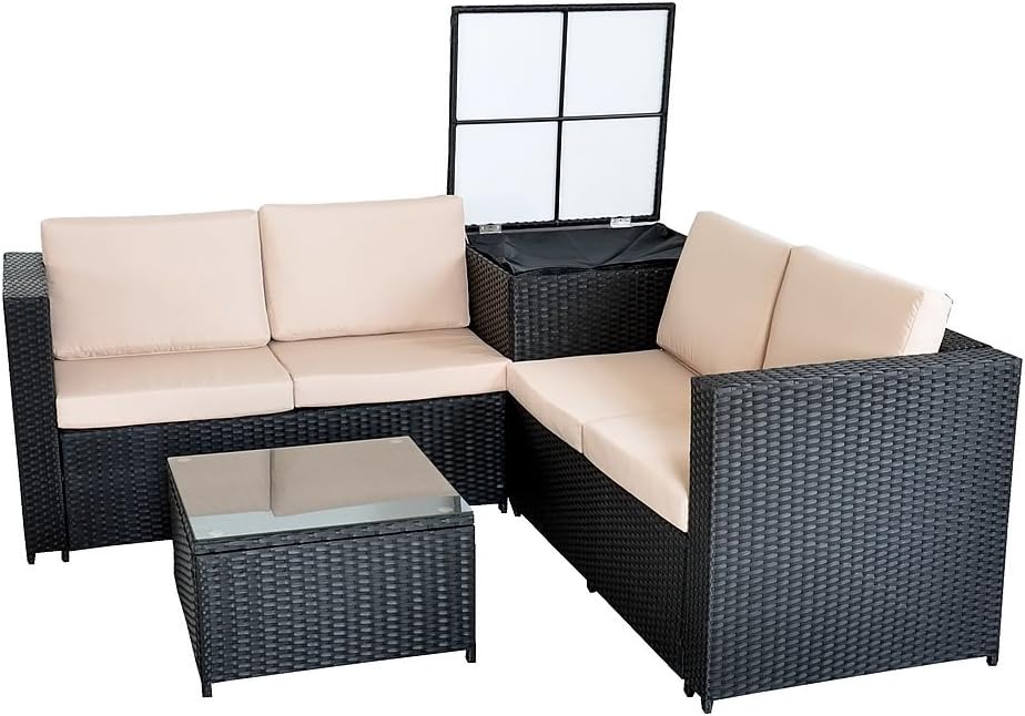 Melko Polyrattan Lounge Ecksofa 185x185CM Sitzgarnitur Balkon Gartenlounge inkl. Auflagebox