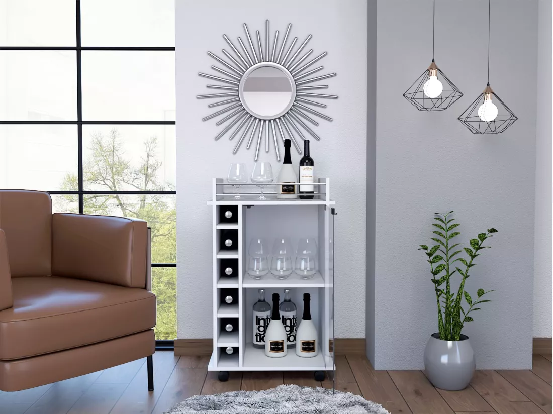 Chariot de bar Dukat en mélamine avec 6 porte-bouteilles, 3 étagères et 4 roulettes, blanc , 89 cm X 55 cm X 41.5 cm
