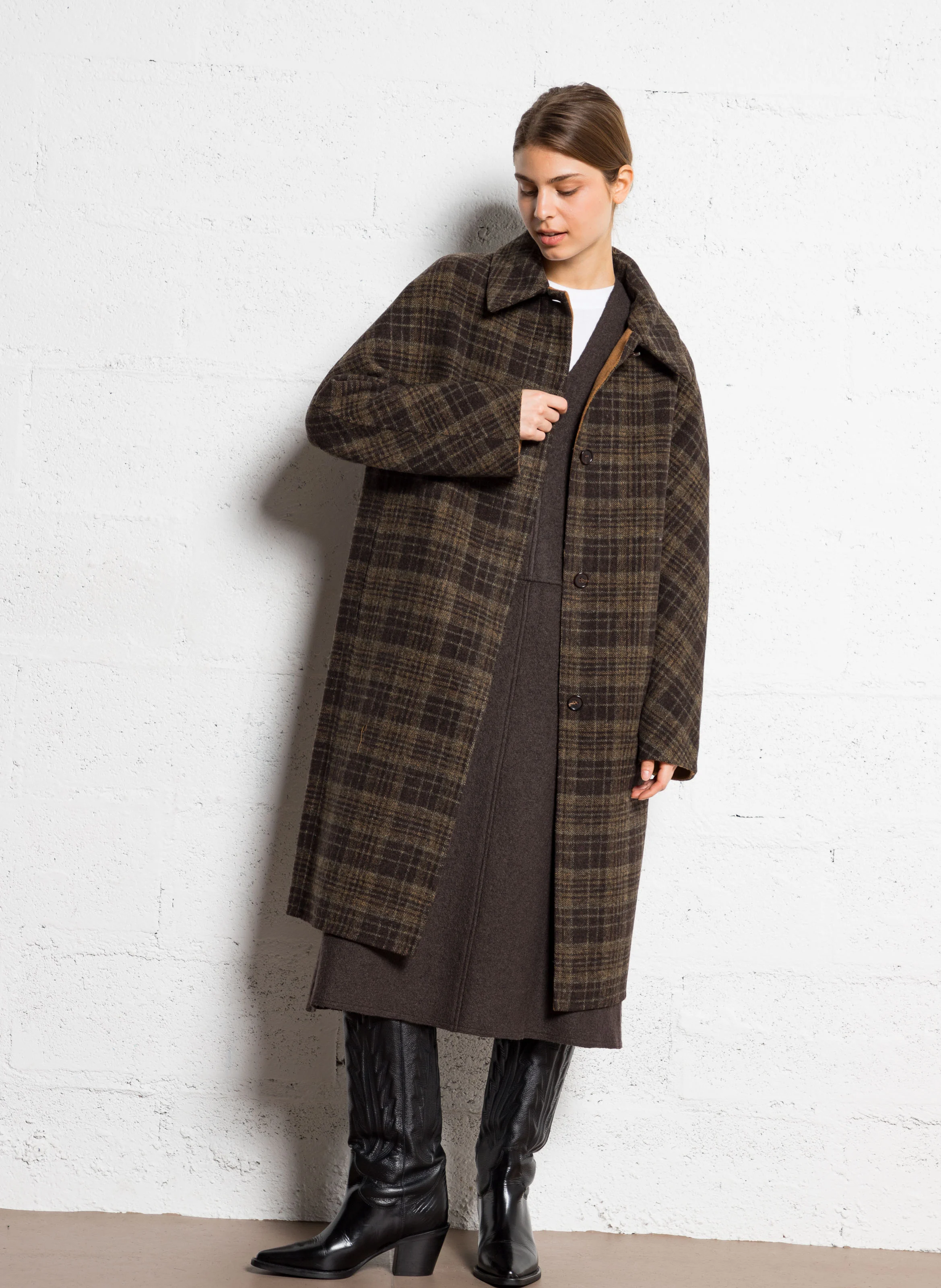 Manteau long à carreaux en laine mélangée | Marron