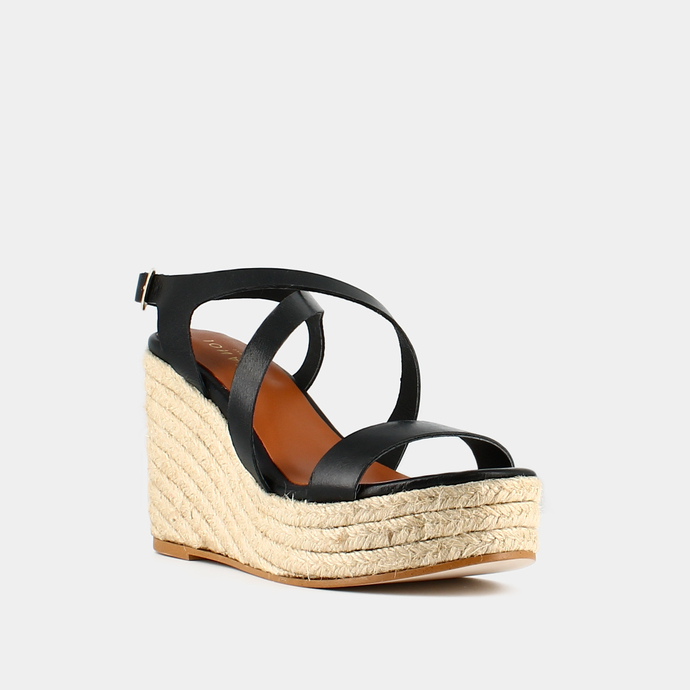 Espadrilles à brides croisées compensées  en cuir noir
