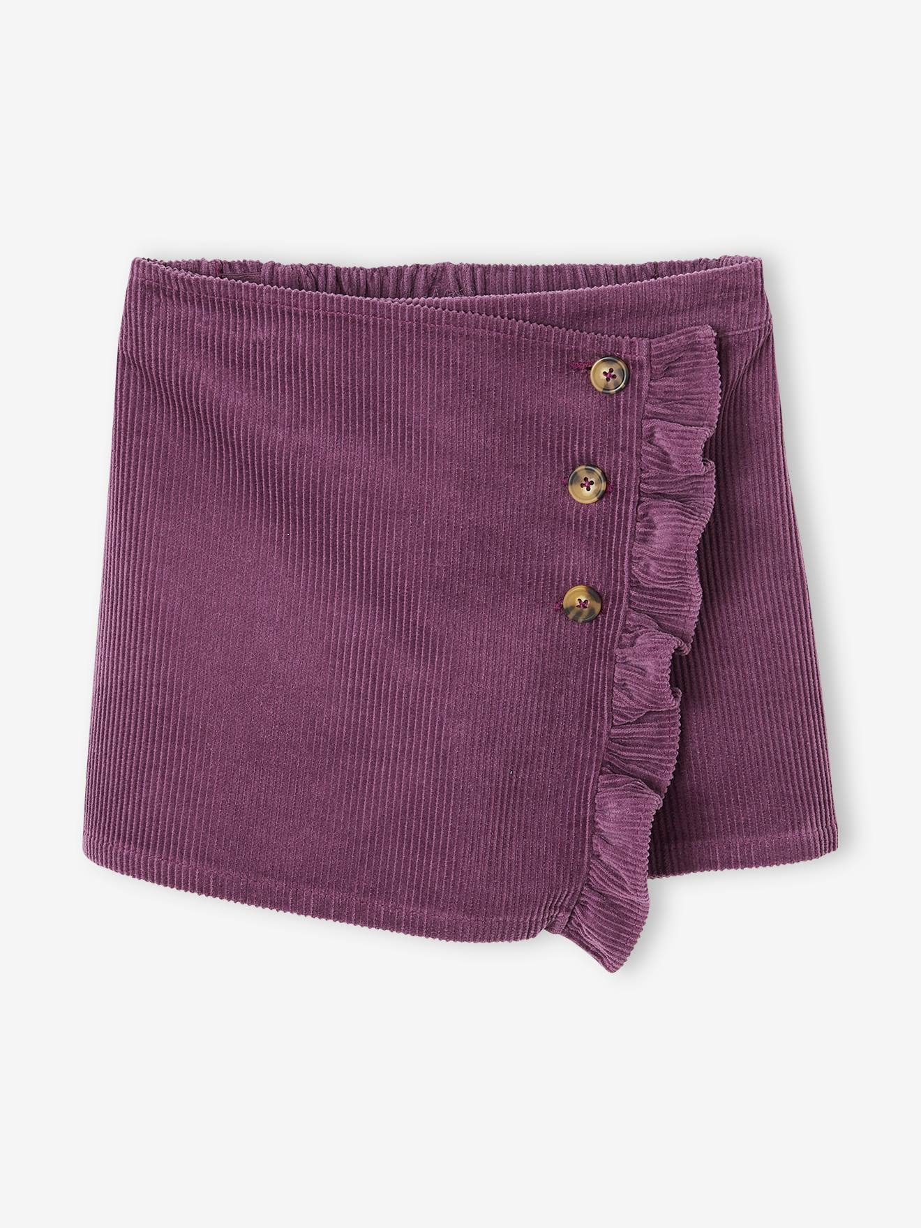 Saia/shorts de veludo cotelê roxo com efeito cruzado para meninas